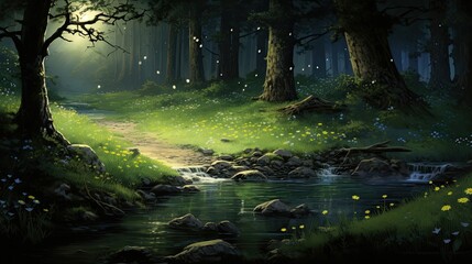 Woodland glade with a bubbling brook and enchanting fireflies, offering a serene environment amidst nature's beauty. Tranquil glade, bubbling brook, enchanting fireflies. Generated by AI. - obrazy, fototapety, plakaty