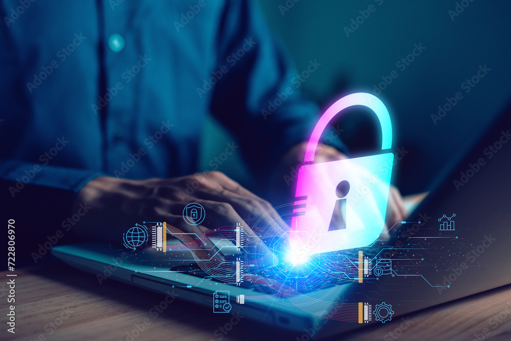 Sticker lock on laptop. data protection information. encryption and safety secured access to user personal d