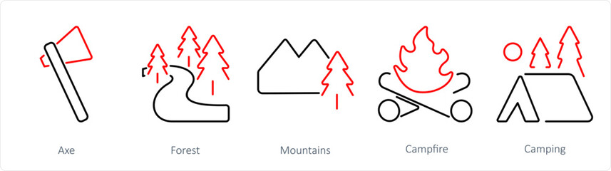 A set of 5 Adventure icons as axe, forest, mountains