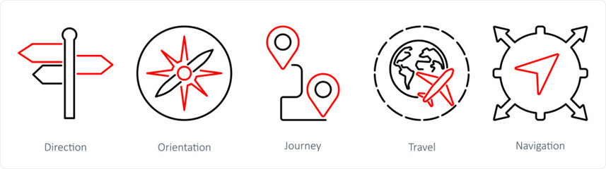 A set of 5 Adventure icons as direction, orientation, journey