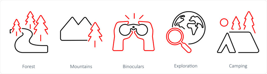 A set of 5 Adventure icons as forest, mountains, binoculars