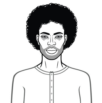 Animation portrait of beautiful African man.  Vector illustration isolated on a white background.	