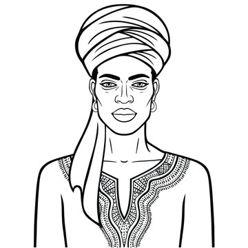 Animation portrait of beautiful African man in a turban.  Vector illustration isolated on a white background.	