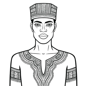 Animation portrait of beautiful African man in traditional clothing. Linear drawing. Vector illustration isolated on a white background.	
