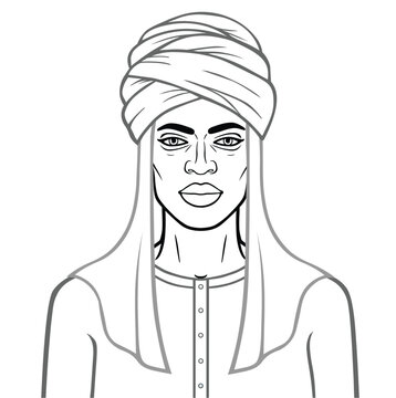 Animation portrait of beautiful African man in a turban. Vector illustration isolated on a white background.	