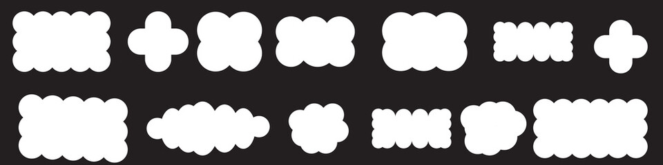 Scallop edge shapes - circle, square, oval, modern brutalism forms. Retro vawe swiss design elements with frill border. Vector illustration of aesthetic futuristic figures