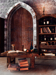 Fantasy scene showing a medieval study room with ornamented door, bookshelf with books, and a table with scrolls.  No AI used. The image is not a real place  - it's a set of 3d objects.