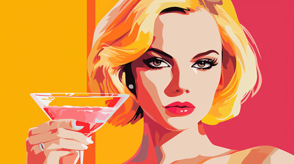 Woman drinking red wine. Pop art retro illustration