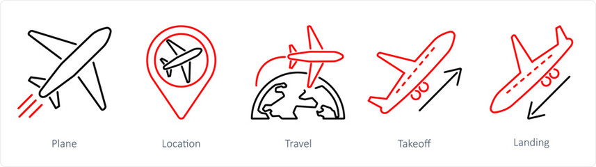 A set of 5 Airport icons as plane, location, travel
