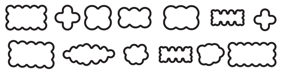 Scallop edge shapes - circle, square, oval, modern brutalism forms. Retro vawe swiss design elements with frill border. Vector illustration of aesthetic futuristic figures