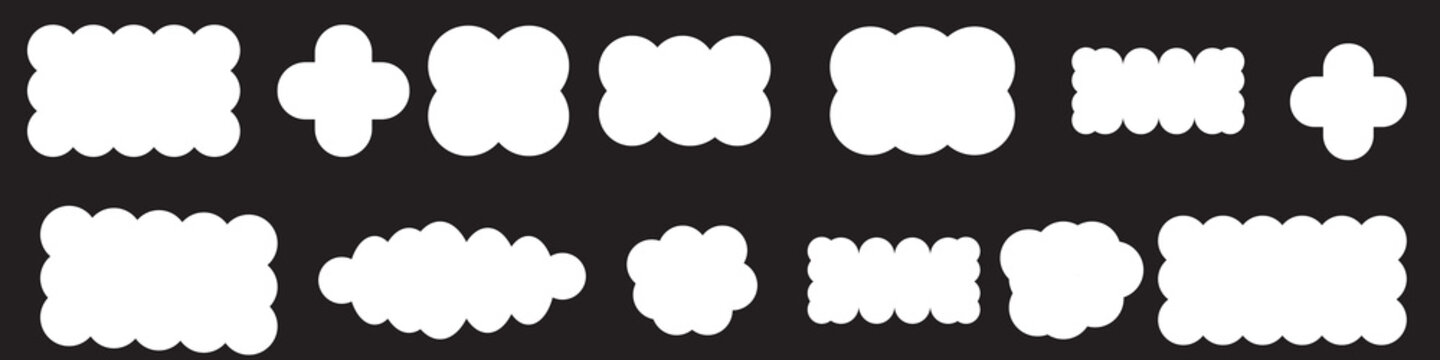 Scallop edge shapes - circle, square, oval, modern brutalism forms. Retro vawe swiss design elements with frill border. Vector illustration of aesthetic futuristic figures