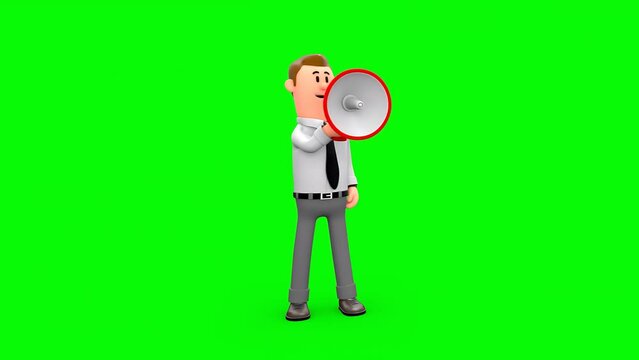 3D Animation of Cartoon White Suited Businessman Announcing On Megaphone.