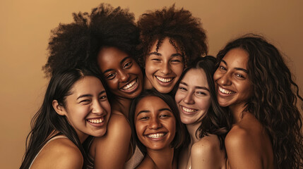 Fototapeta premium Smiling women are huddled closely together, portraying a warm, friendly, and diverse group.