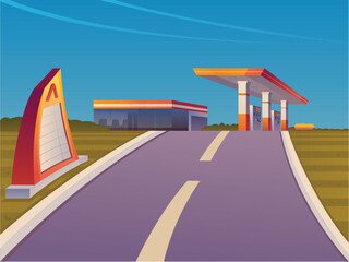 A cartoon drawing of a road sign next to a gas station