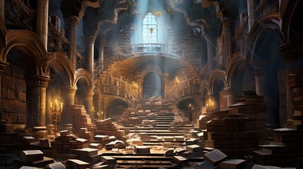 Historic repository, safeguarded scrolls, concealed wisdom, dusty archives, mysterious knowledge. Generated by AI. - obrazy, fototapety, plakaty