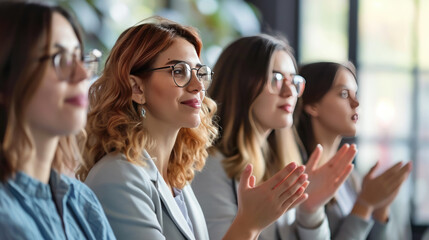 Obraz premium Women are sitting in a row with the focus on the middle one, and they appear to be clapping or applauding.