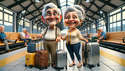 Elderly Couple Ready for Travel. Created with Generative AI - obrazy, fototapety, plakaty