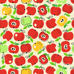 Vector hand drawn seamless pattern in a doodle style. Red and green apples on yellow background