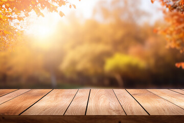 Naklejka na ściany i meble Generative AI Image of Autumn Fall Season Background with Empty Wooden Table in the Park