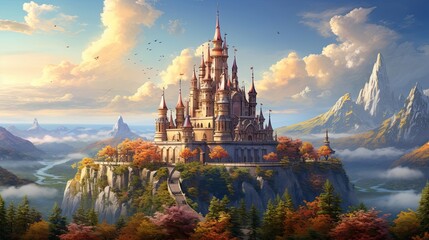 Fairy-tale fortress, hilltop enchantment, castle turrets, magical spires, kingdom allure. Generated by AI. - obrazy, fototapety, plakaty