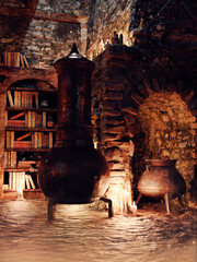 Fantasy scene showing a medieval alchemical stove, a cauldron, candles and old books. Made from 3d elements and painted parts. No AI used.  The image is not a real place  - it's a set of 3d objects. - 722808967