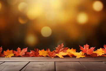 Naklejka na ściany i meble Generative AI Image of Autumn Maple Leaves with Blank Space on Bokeh Lights Background