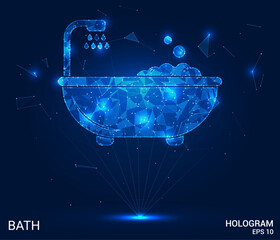A hologram of a bathtub. A bath of polygons, triangles of points and lines. The bath has a low polygonal connection structure. Technology concept vector.