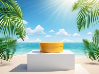 Fototapeta premium A 3D rendering of a boxed podium adorned with palm leaves against a backdrop evoking a summer atmosphere 