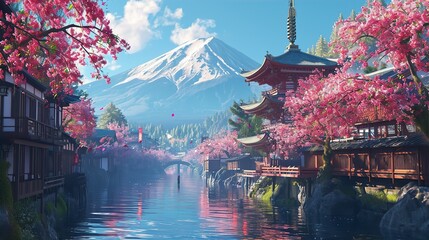 japan, landmark, mountain, fuji, pagoda, beautiful, scenic, landscape, nature, travel, culture,...