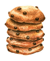A stack of round cookies with chocolate pieces. Pastries drawn in watercolor, illustration for menu, label, packaging, bakery or cafe isolated on white background