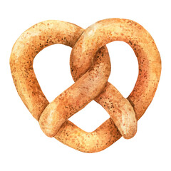 Fresh delicious pretzel. Pastries drawn in watercolor, illustration for menu, label, packaging, recipes, bakery or cafe isolated on white background
