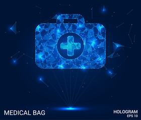 Hologram medical bag. A medical bag made of polygons, triangles of dots and lines. Medicine is a low-poly compound structure. Technology concept vector.