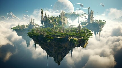Floating islands, creating a breathtaking and fantastical vista. Ethereal, dreamlike, celestial, surreal panorama. Generated by AI.
