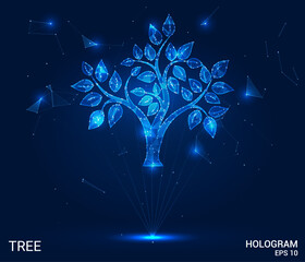 The hologram is a tree. A tree of polygons, triangles of points and lines. The tree is a low-poly compound structure. Technology concept vector.