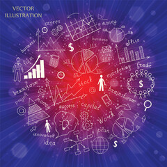 Mathematical equations and formulas in a circle frame. Drawn charts and graphs on a sunny abstract background. Bright yellow, blue, red, orange, green color explosive background.