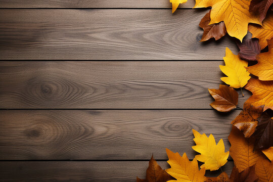 Generative AI Image of Oak Leaves in Autumn Season with Blank Space on Wooden Background