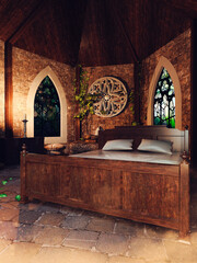 Fantasy scene showing a medieval bedroom with fancy windows, green ivy and candles. Made from 3d elements and painted parts. No AI used. The image is not a real place  - it's a set of 3d objects. - 722810790