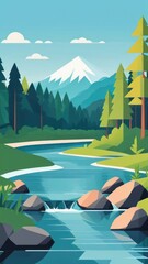 A landscape featuring a river, forest, rocky terrain, and mountains in the background by ai generated