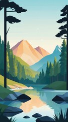 A landscape featuring a river, forest, rocky terrain, and mountains in the background by ai generated