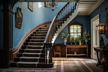 Vintage stairs in an elegant Victorian house. Generative AI