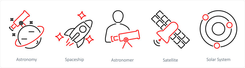 A set of 5 Astronomy icons as astronomy, spaceship, astronomer © popcornarts