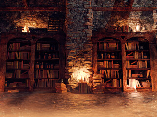 Fantasy scene with a dark library in a medieval castle with lots of old books. Made from 3d elements and painted parts. No AI used.  The image is not a real place  - it's a set of 3d objects.
