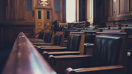 The Chamber Awaits: Empty Jury Seats in a Wood Paneled Courtroom - obrazy, fototapety, plakaty