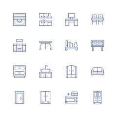 Furniture line icon set on transparent background with editable stroke. Containing blinds, kitchen, bedsidetable, door, table, sink, wardrobe, desk, shelf, carpet, cabinet, couch.