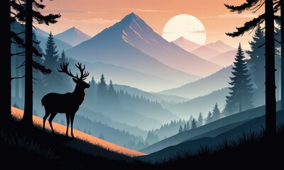 A morning mountain landscape adorned with deer and a lush forest by ai generated