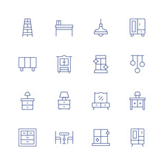 Furniture line icon set on transparent background with editable stroke. Containing shelf, cupboard, bedsidetable, nightstand, table, dinnertable, lamp, window, dressingtable.
