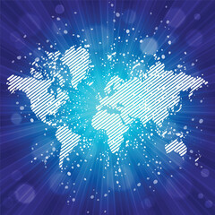 World map. Political map of the world on a bright, colorful background. Globe. Sun rays. Bright yellow, blue, red, orange, green color explosive background.