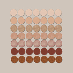 Square Pattern of color gradient swatches of eye shadows on neutral colored background. Beige brown skintone natural color eyeshadow powder, shiny an matte, minimal aesthetic photo, top view