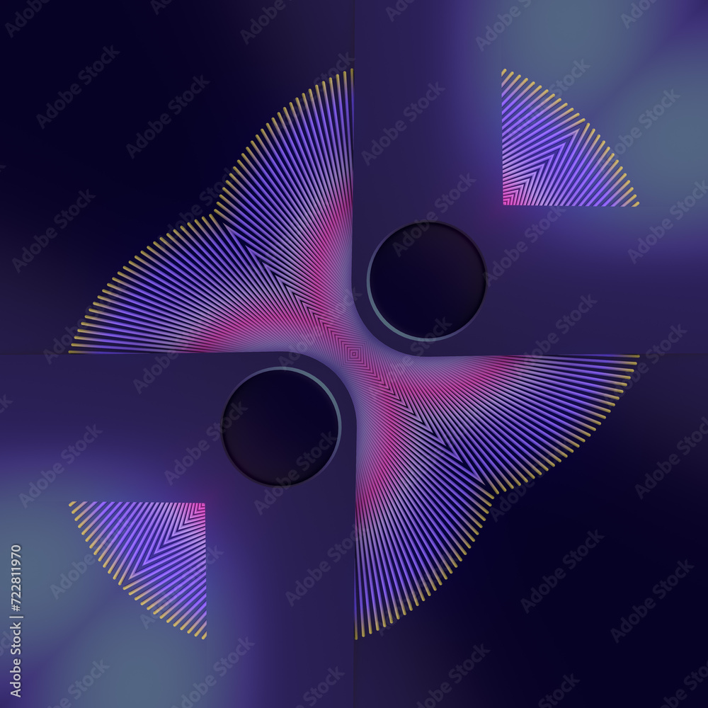 Poster abstract design of various shapes with a combination of purple, blue and yellow hues. 3d rendering d