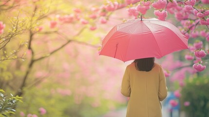 Person under a red umbrella contemplating a serene springtime path surrounded by lush flowers
